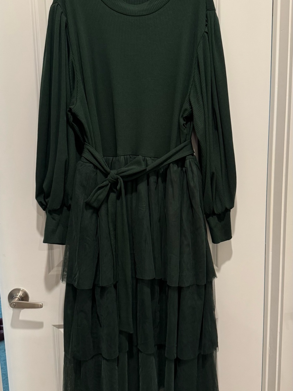 Ivy City Cosette Dress Dark Green Long Sleeve Tiered Midi Dress with Waist Tie